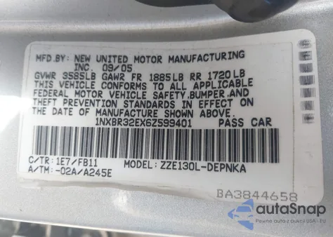 2006 Toyota Corolla Le from USA, damaged, VIN 1NXBR32EX6Z599401